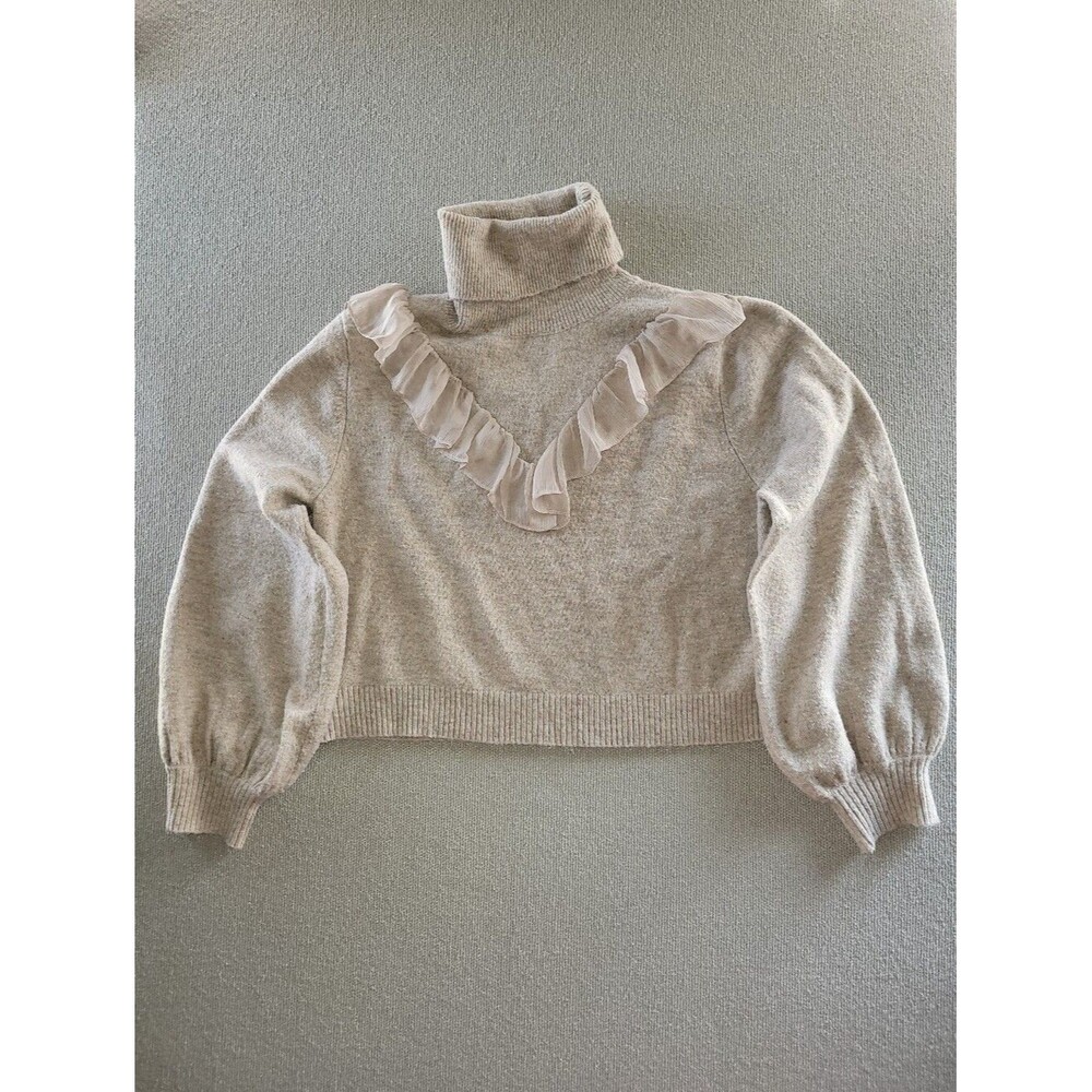 Vici Size Medium Cream Ruffle V-Detail Turtleneck Bubble Sleeve Sweater